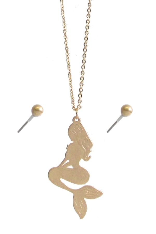 Scratch Metal Mermaid Pendant Necklace Set - Brass Metal