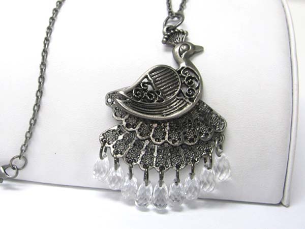 Burnish Metal Facet Beads Dangle Peacock Pendant Long Chain Necklace
