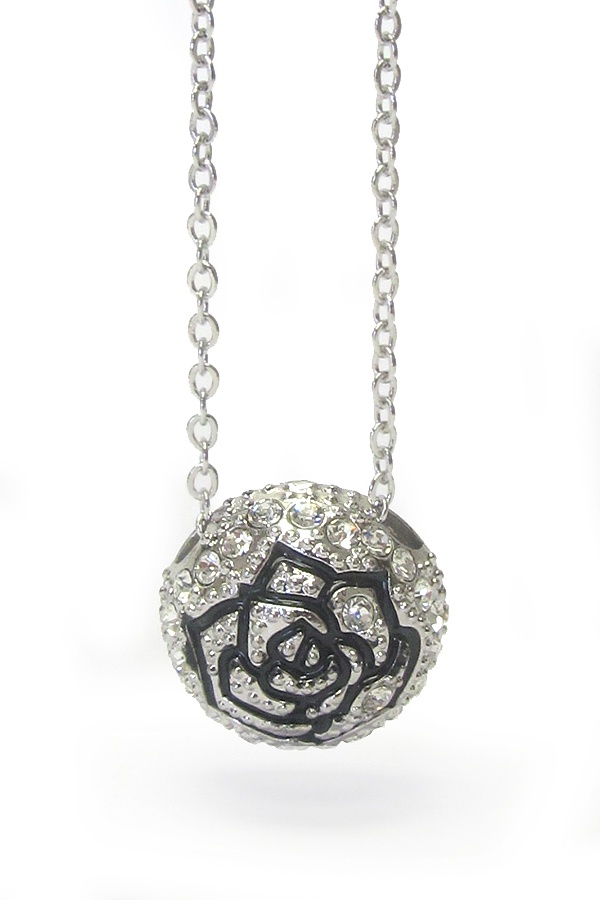 Made In Korea Whitegold Plating Crystal Puffy Rose Ball Pendant Necklace