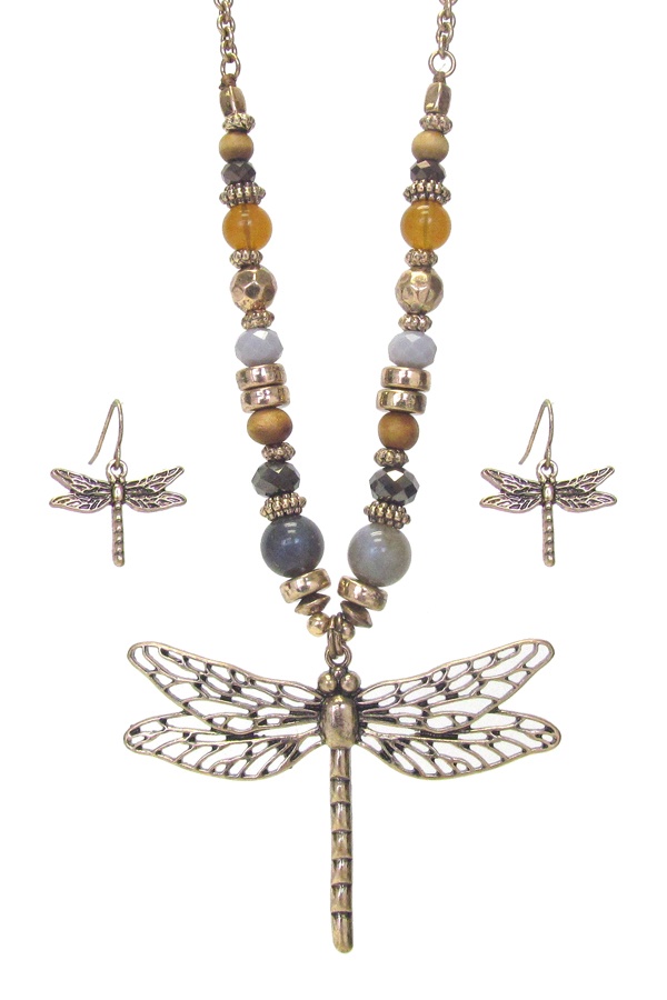 Metal Filigree Dragonfly Pendant And Multi Bead Chain Necklace Set