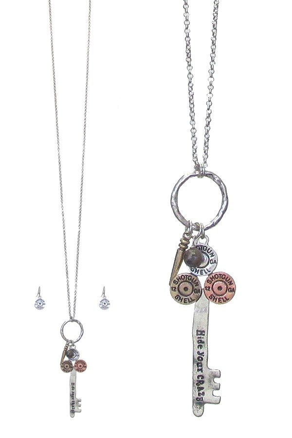 Bullet Key Pendant Long Necklace Set - Hide Your Crazy