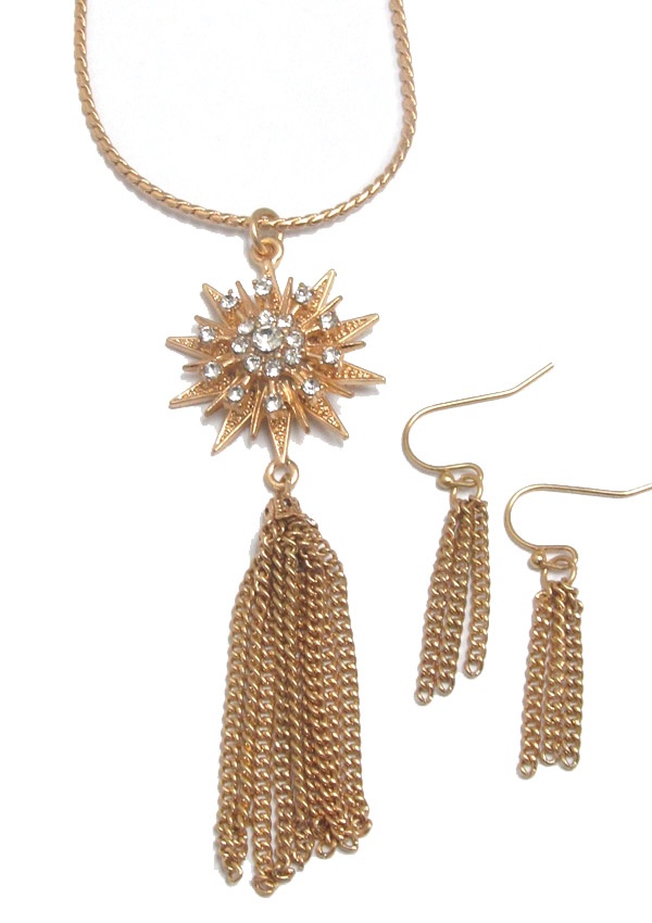 Metal Flower W Ith Tassel Drop Necklace Set