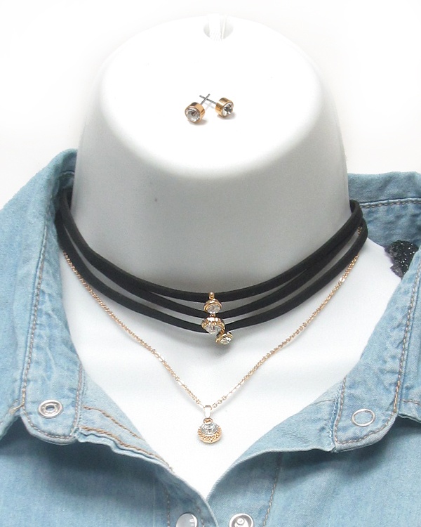 Crystal Drop Four Layer Leather And Fine Chain Choker Necklace Set