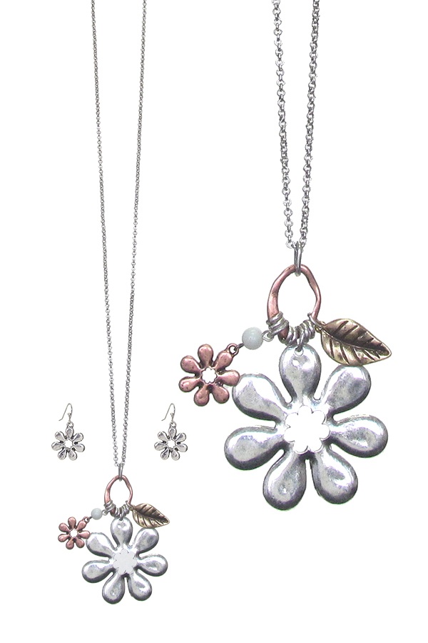 Metal Flower Pendant Long Necklace Set