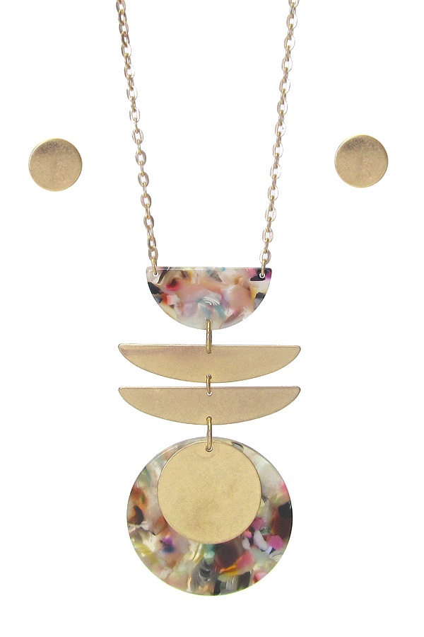 Organic Cellulose And Metal Disc Mix Pendant Long Chain Necklace Set