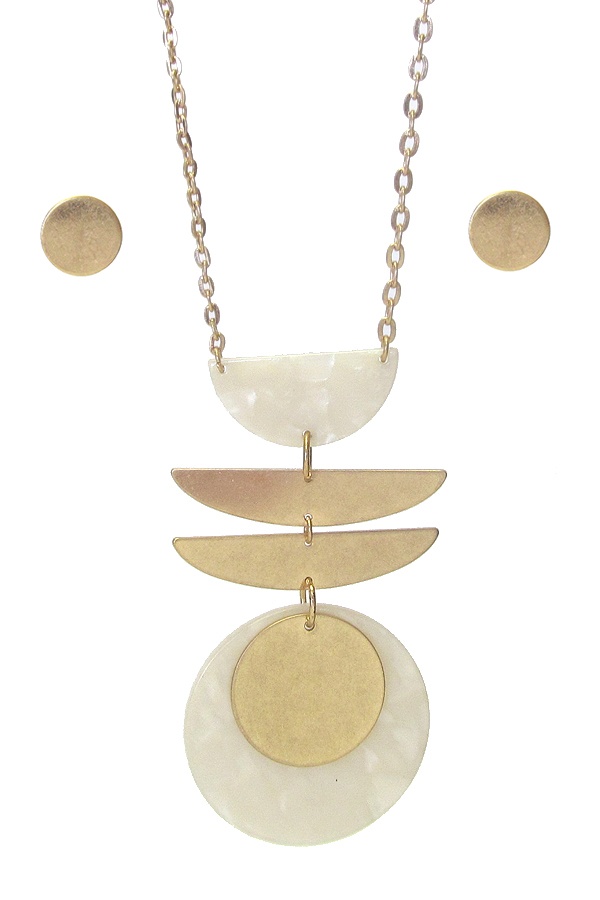 Organic Cellulose And Metal Disc Mix Pendant Long Chain Necklace Set