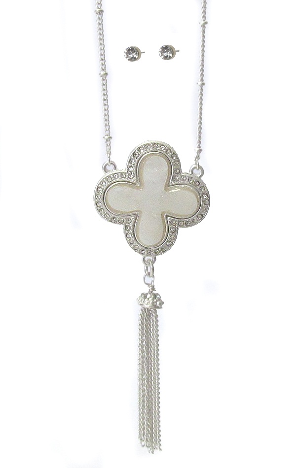 Mop And Crystal Pendant Tassel Drop Necklace Set