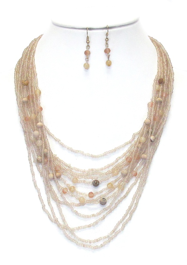 Multi Layer Seed Bead And Ball Stone Mix Necklace Set
