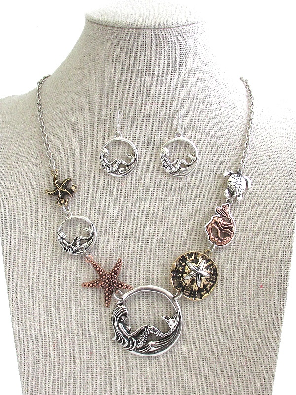 Sealife Theme Multi Disce Link Necklace Set - Mermaid Starfish