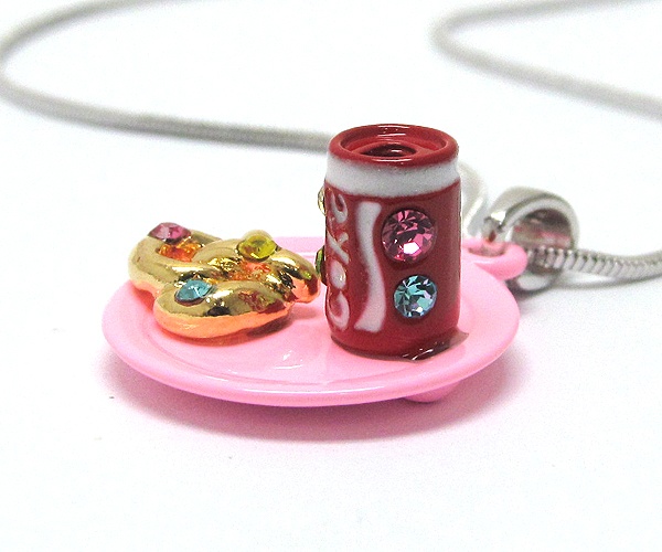 Made In Korea Whitegold Plating And Metal Epoxy Crystal Stud Miniature Soda And Pretzel Pendant Necklace