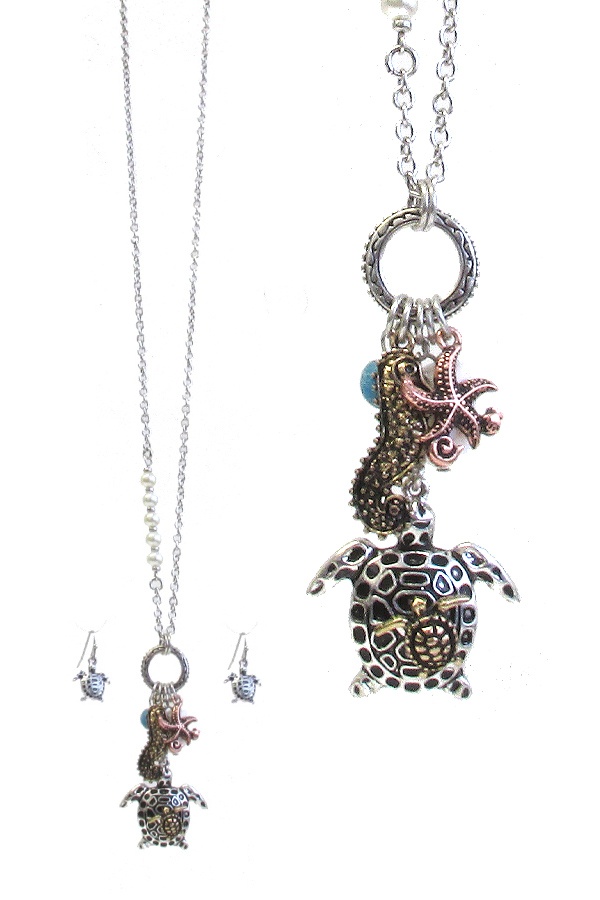Sealife Theme Muli Charm Pendant Long Necklace Set - Turtle Starfish And Seahorse
