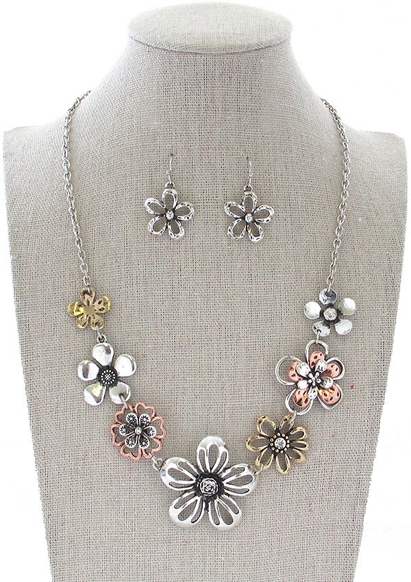 Multi Metal Flower Link Necklace Set