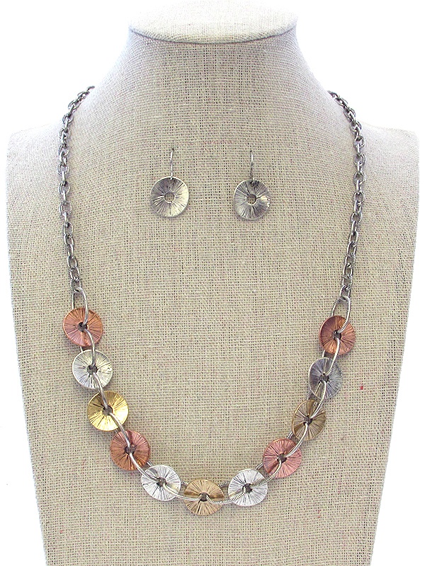Multi Scratch Metal Disck Link Necklace Set - Brass Metal