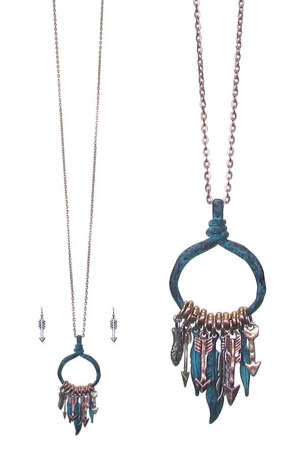 Multi Feather And Arrow Charm Pendan Long Necklace Set