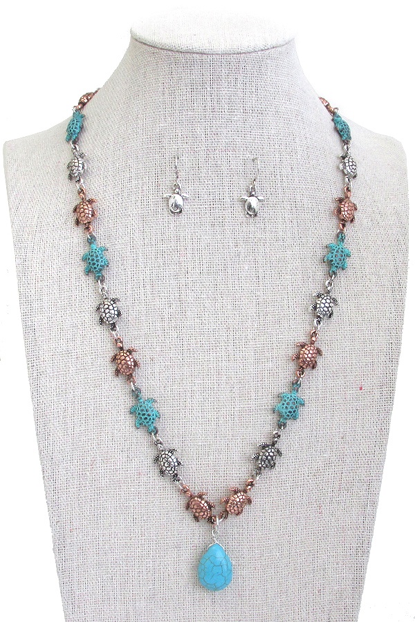 Sealife Theme Multi Turtle Link And Turquoise Pendant Necklace Set