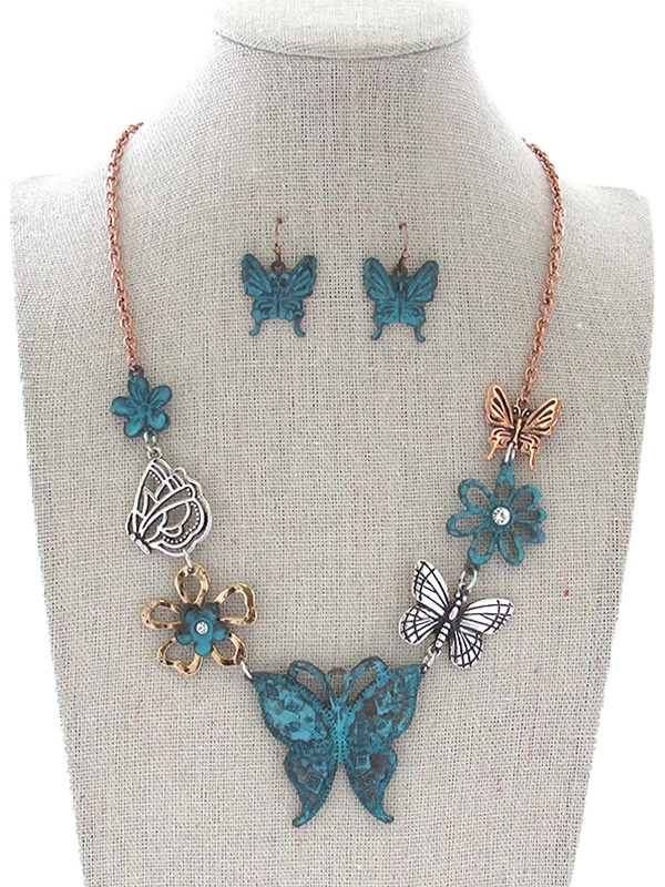 Garden Theme Multi Butterfly And Flower Necklace Set
