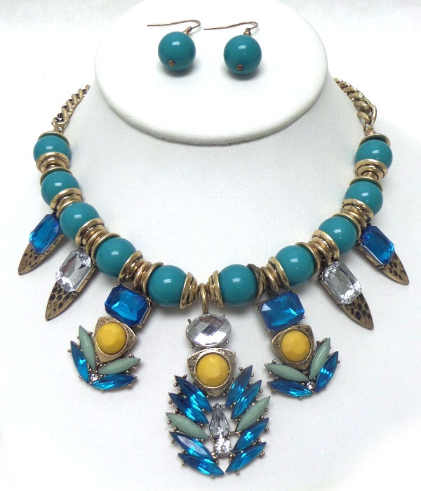 Metal With Multi Crystals Drop Necklace Set