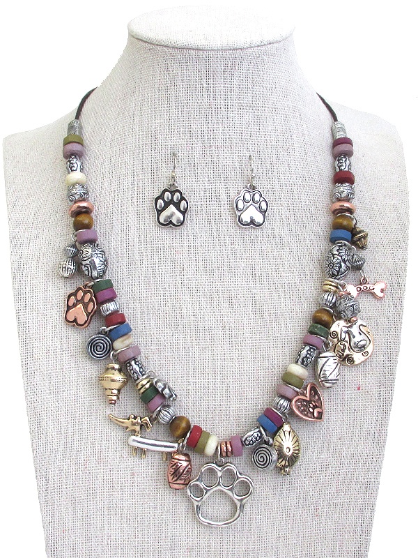 Pet Lovers Theme Multi Charm Dangle And Mix Bead Chain Necklace Set - Dog