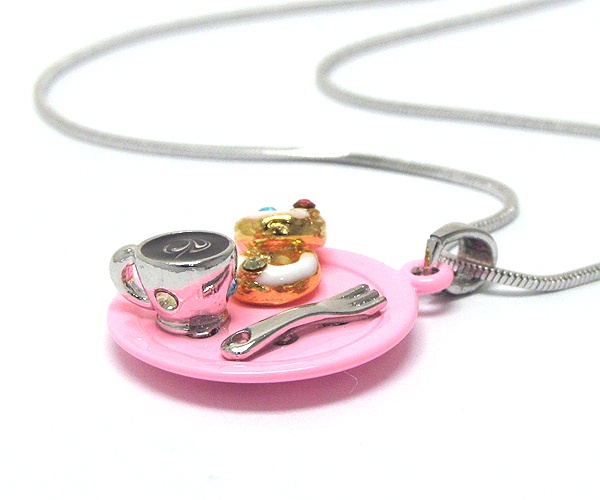 Made In Korea Whitegold Plating Crystal Stud Epoxy Two Miniature Donut And Coffe Cup Pendant Necklace