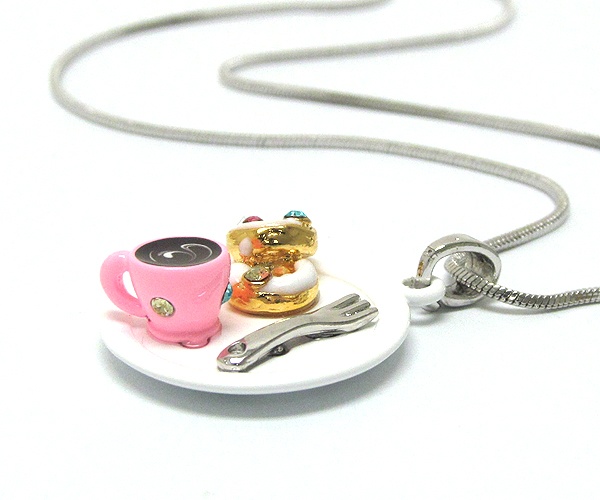 Made In Korea Whitegold Plating Crystal Stud Epoxy Two Miniature Donut And Coffe Cup Pendant Necklace