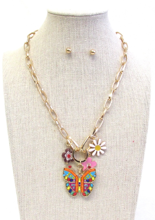 Garden Theme Multi Charm Necklace - Butterfly Flower