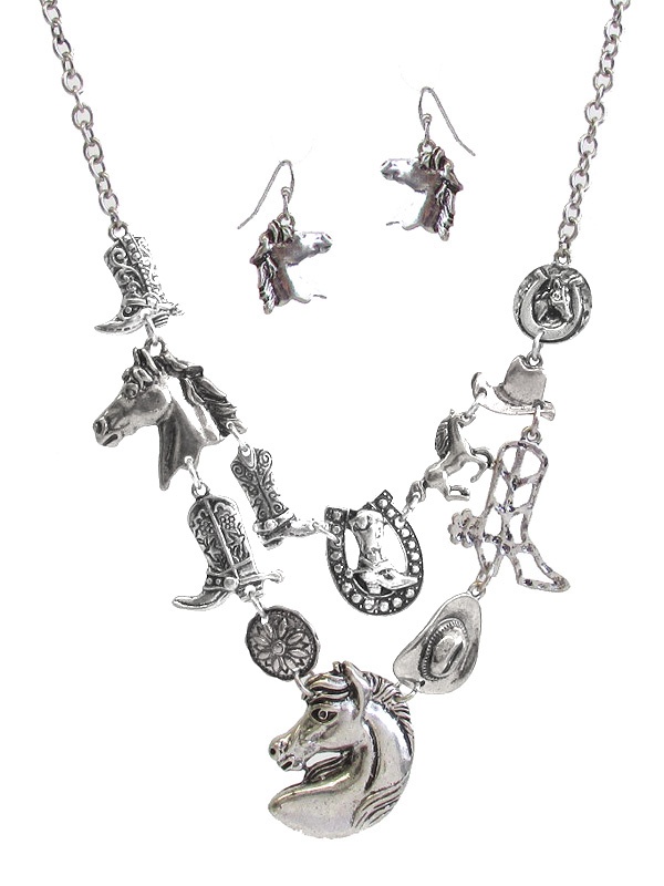 Horse Theme Multi Cowboy Boot Link Bib Necklace Set