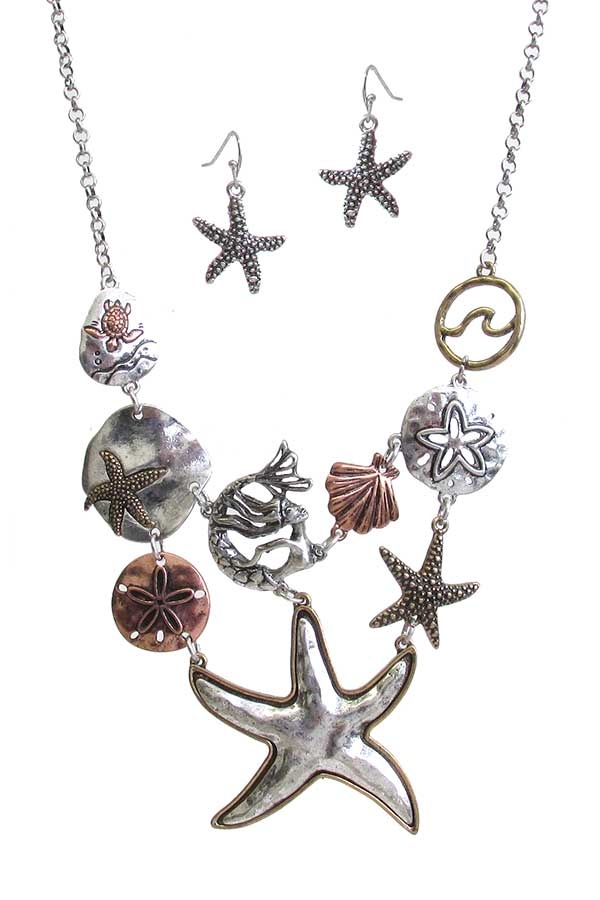 Sealife Theme Multi Charm Link Chunky Statement Necklace Set - Starfish Mermaid