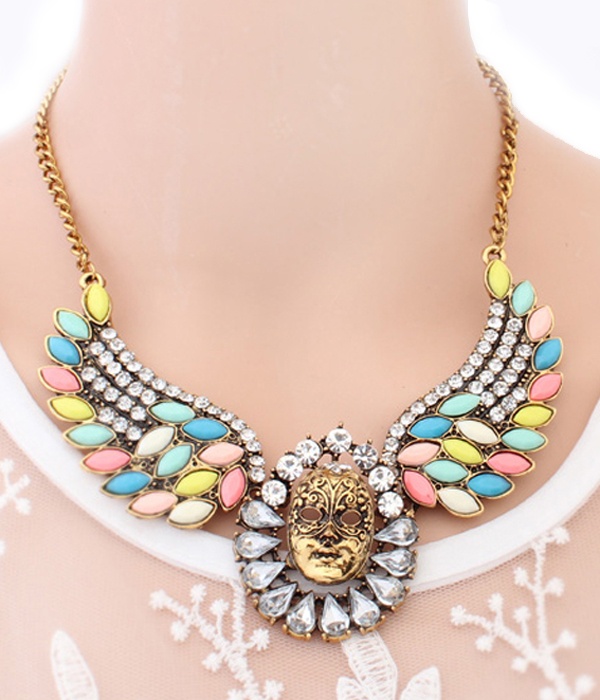 Crystal And Acryl Mask And Wing Statement Necklace