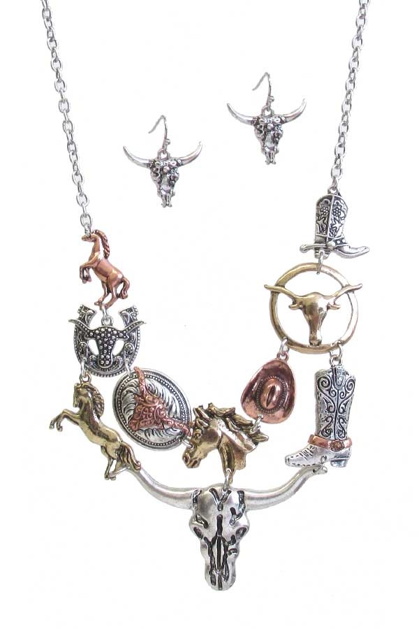 Western Theme Multi Horse And Longhorn Link Necklace Set