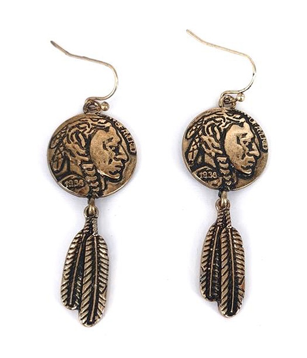Navajo Theme Disc And Feather Drop Earring - Indian