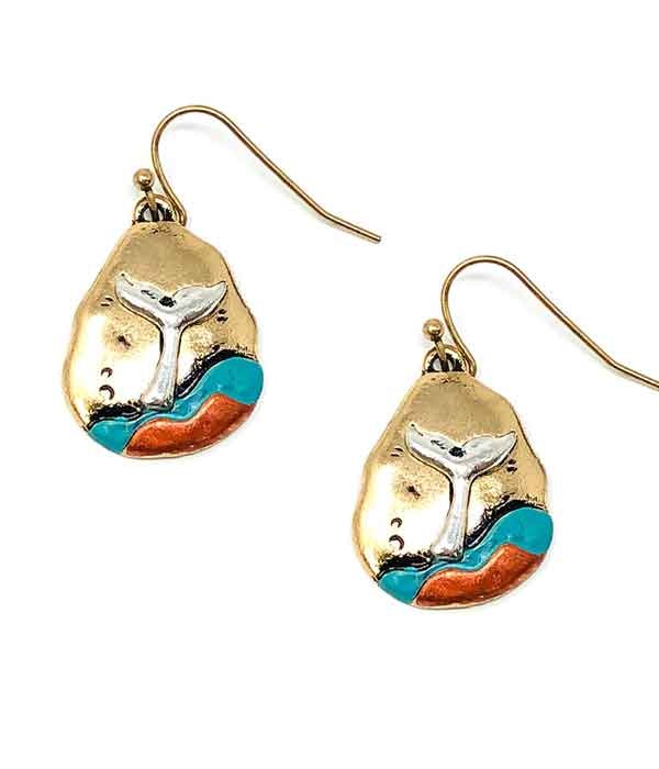 Patina And Burnish Tri Tone Retro Vintage Earring - Whale Tail