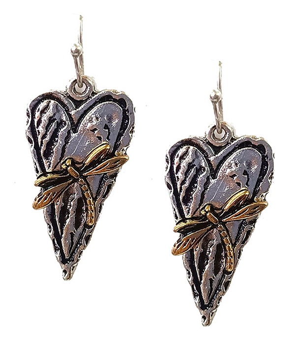 Vintage Metal Heart And Dragonfly Earring