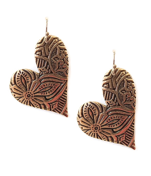 Flower Textured Metal Heart Earring