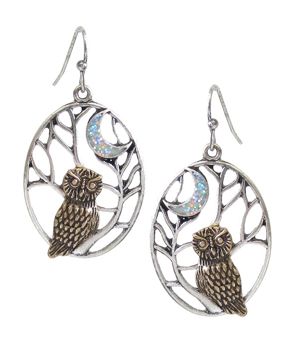 Metal Filigree Patina Owl Earring
