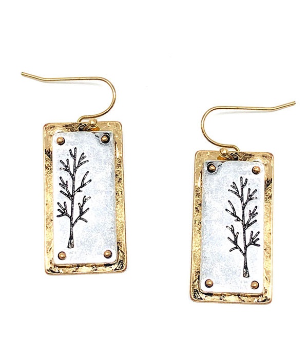 Rustic Finish Double Metal Earring - Tree