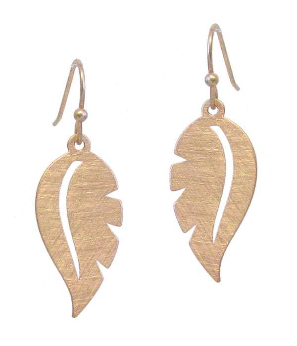 Scratch Metal Brass Feather Earring - Brass Metal