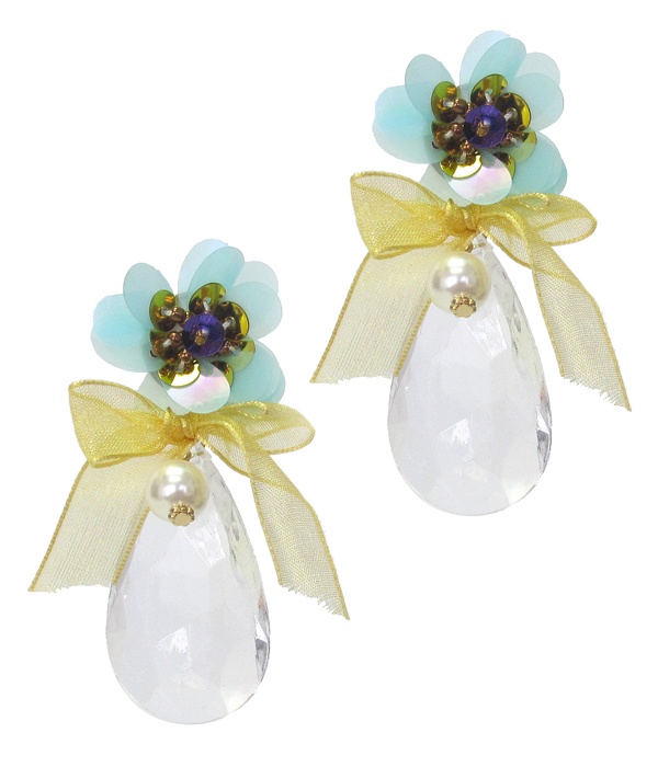 Flower And Facet Teardrop Stone Drop Earring