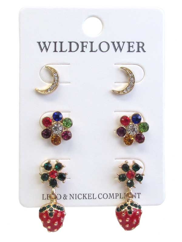 Tropical Theme 3 Pair Crystal Earring Set - Strawberry