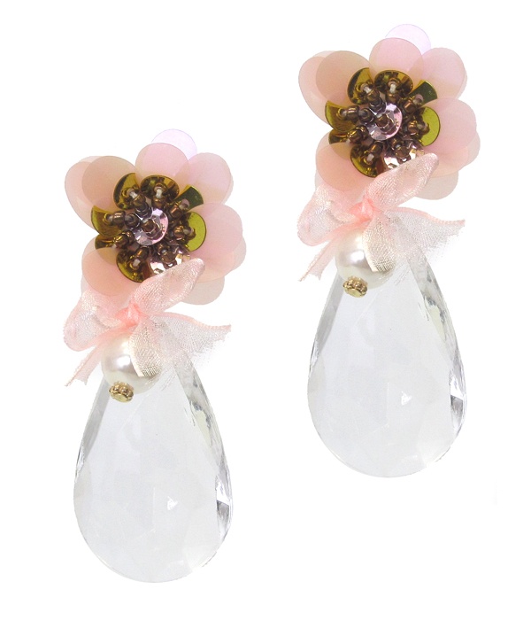 Flower And Facet Teardrop Stone Drop Earring