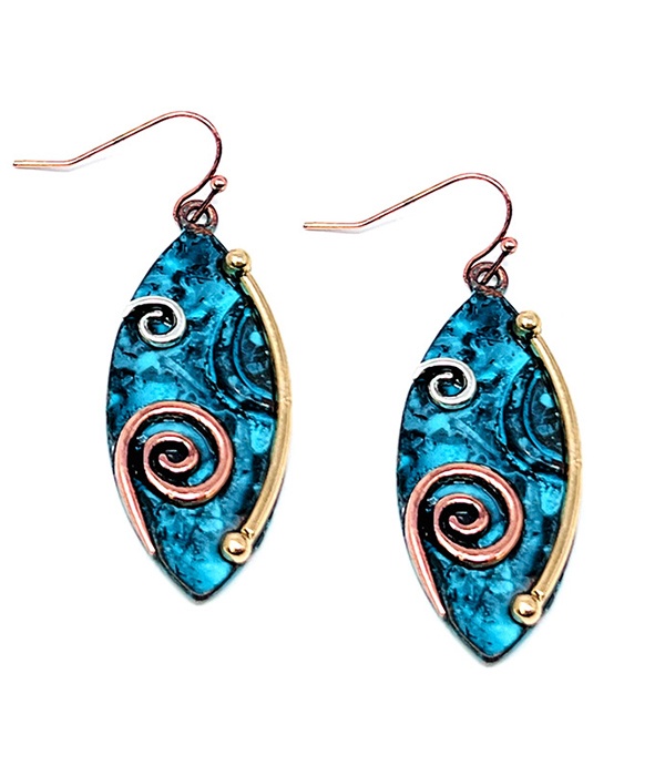 Vintage Brutalist Spiral Metal Art Marquis Disc Earring