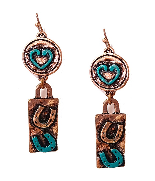 Navajo Style Bar Drop Earring - Heart Horse Shoe