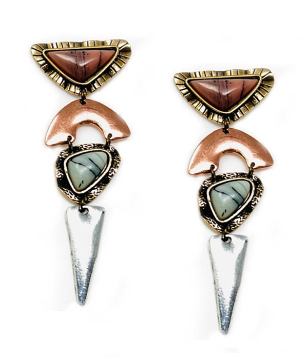 Vintage Stone And Metal Mix Ethnic Earring