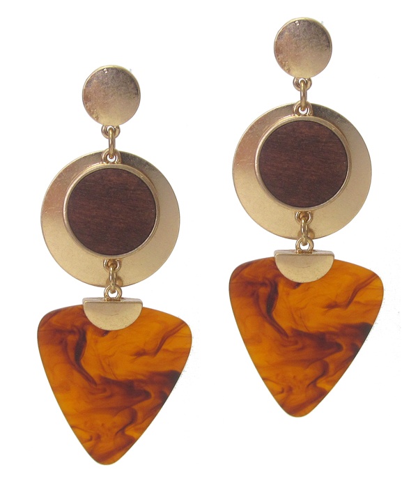Wood Disc And Organic Cellulose Drop Earring