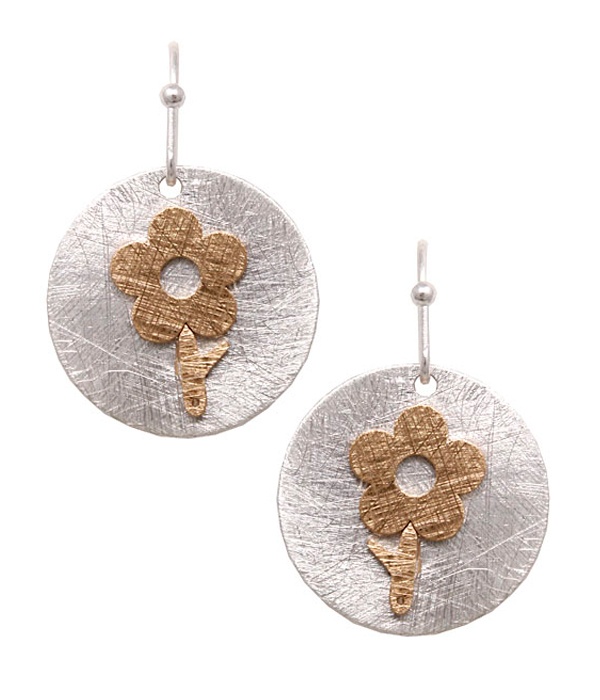 Scratch Metal Flower Disc Earring - Brass Metal