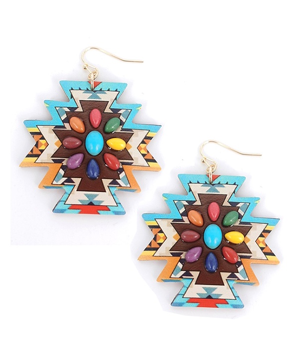 Aztec Pattern Multi Stone Mix Earring -Western