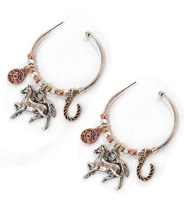 Western Theme Charm Dangle Hoop Earring - Horse Bullet