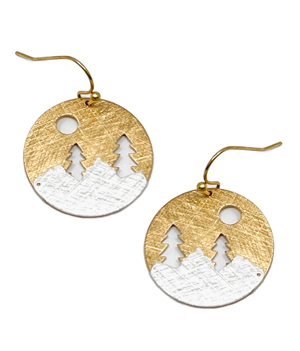 Scratch Metal Landscape Disc Earring - Brass Metal