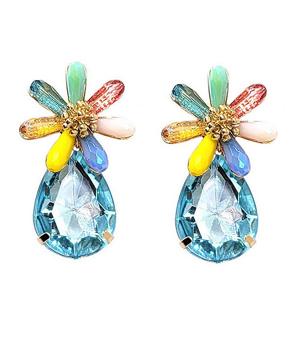 Facet Stone Flower And Teardrop Earring