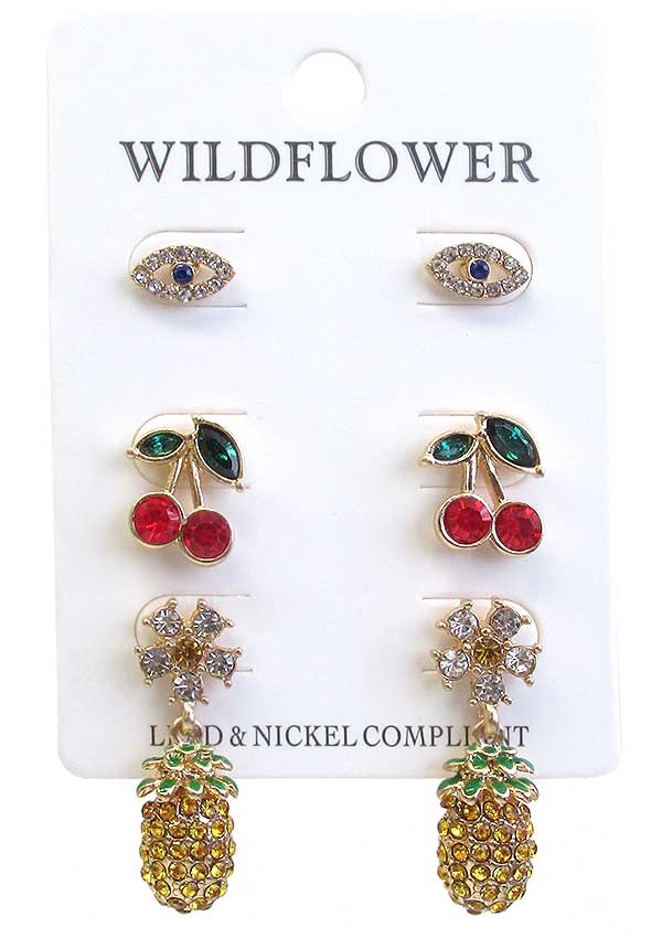 Tropical Fruit 3 Pair Crystal Earring Set - Cherry And Pineapple