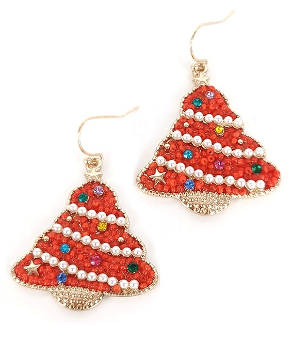 Christmas Theme Crystal And Pearl Seedbead Mix Tree Earring